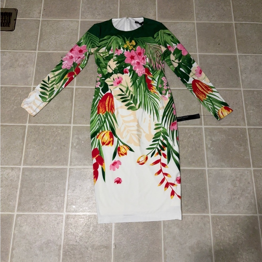 Maggy London Green and White Floral Long Sleeve Dress - Picture 5 of 6